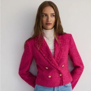 NWT Zara Textured Blazer Frayed Lapel Fuschia XS